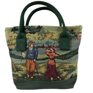 Vintage Tapestry Golf Scene Tote Bag Forest Green Canvas Woven Handbag Small
